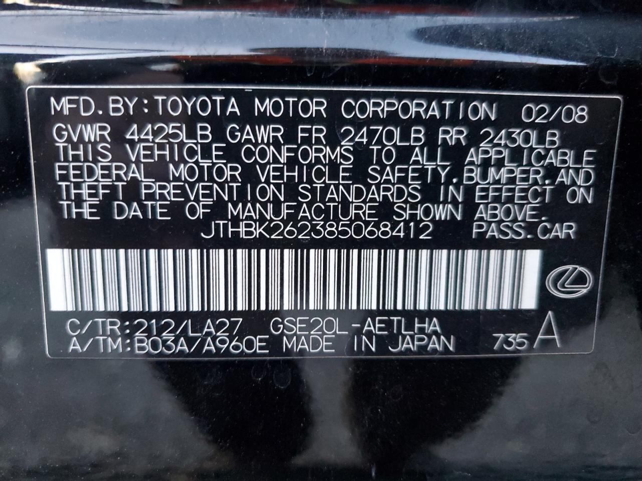 2008 Lexus Is 250 VIN: JTHBK262385068412 Lot: 90751125