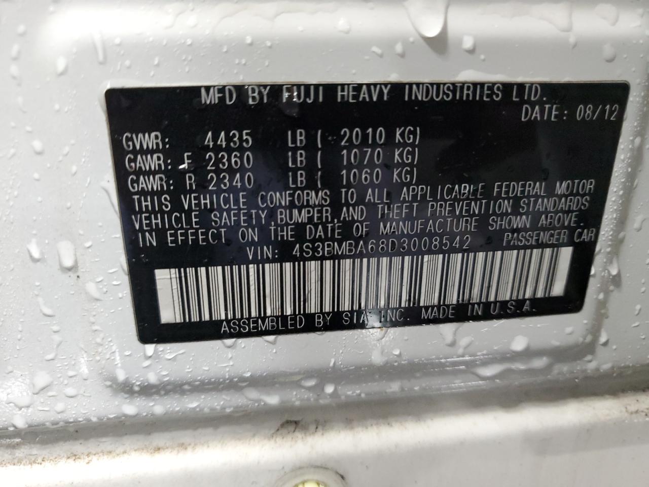 2013 Subaru Legacy 2.5I VIN: 4S3BMBA68D3008542 Lot: 86549085