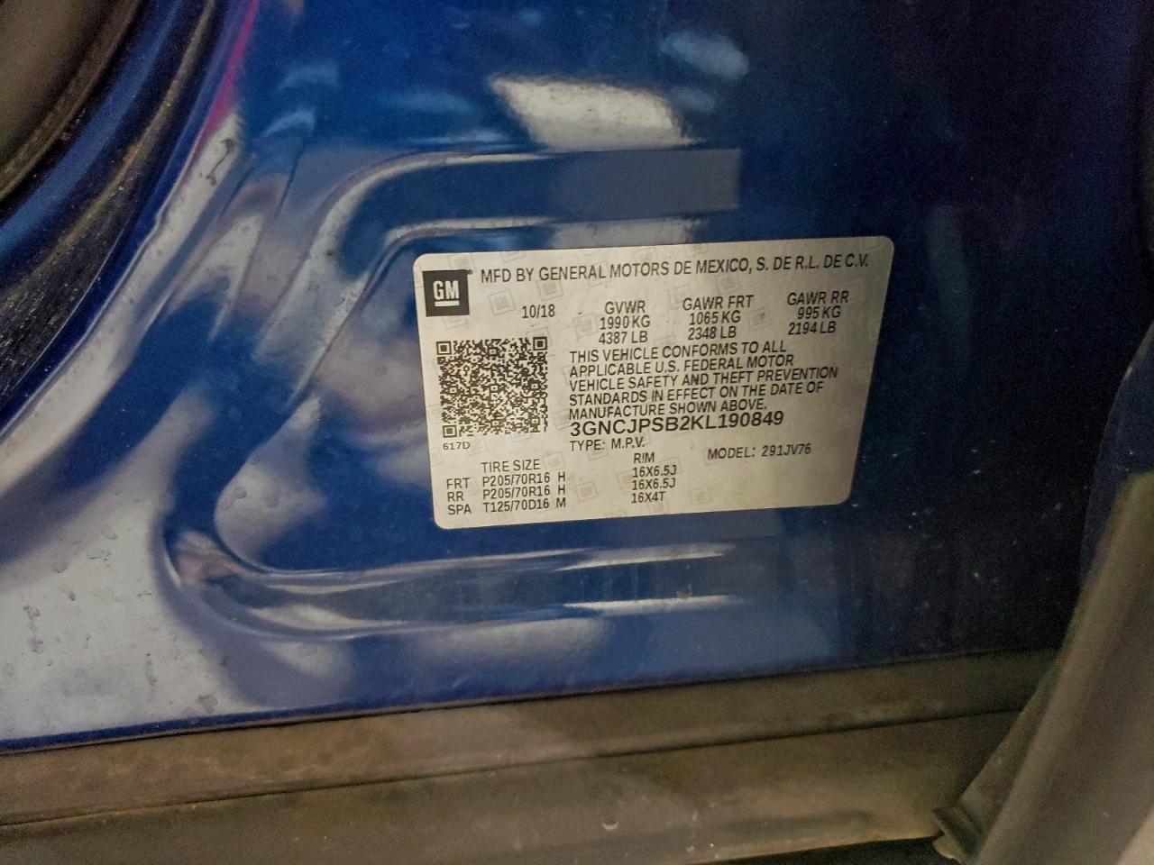 2019 Chevrolet Trax 1Lt VIN: 3GNCJPSB2KL190849 Lot: 93855225