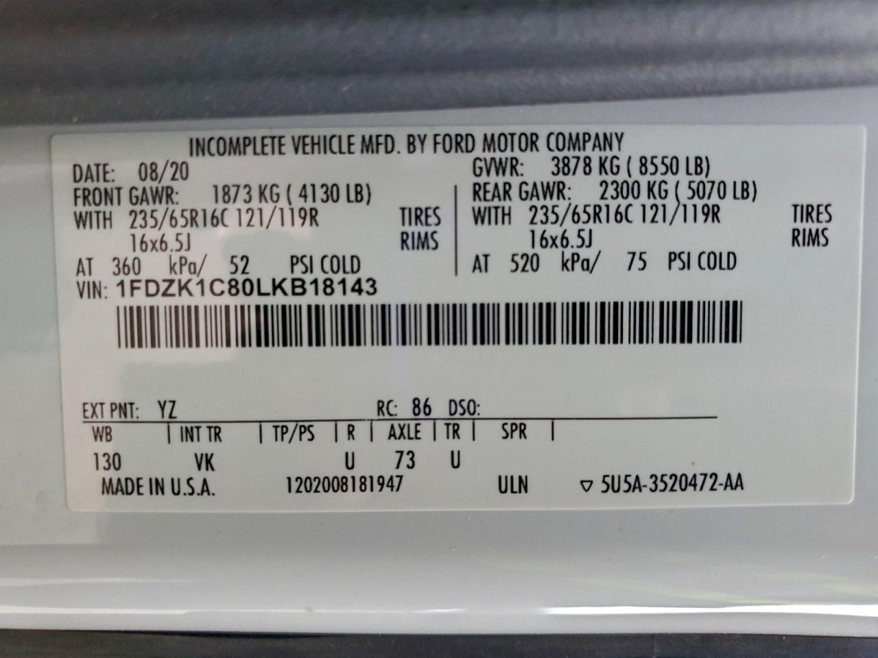 2020 Ford Transit T-150 VIN: 1FDZK1C80LKB18143 Lot: 93898575