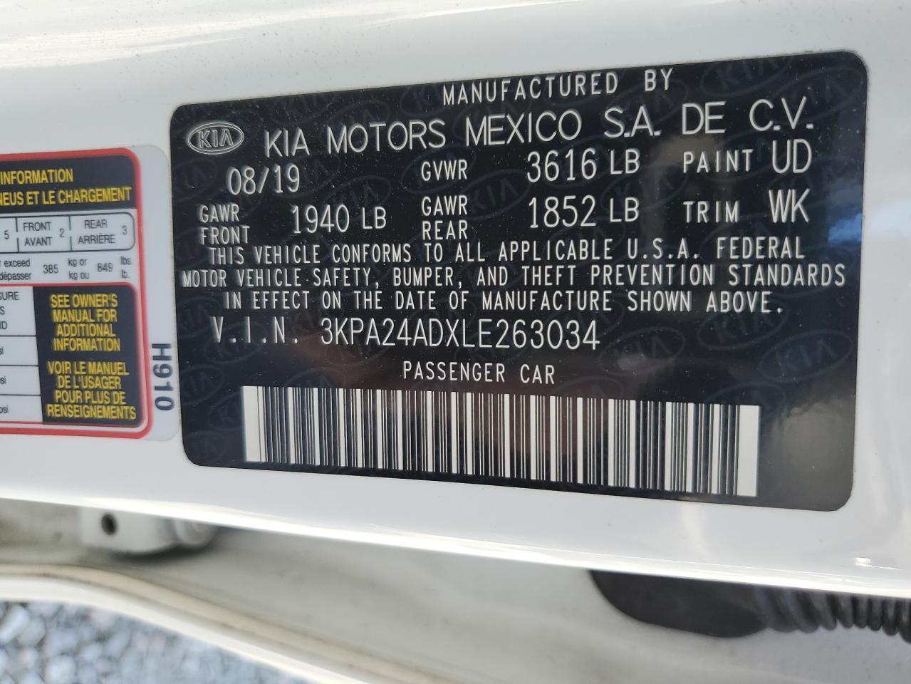 2020 Kia Rio Lx VIN: 3KPA24ADXLE263034 Lot: 92430325