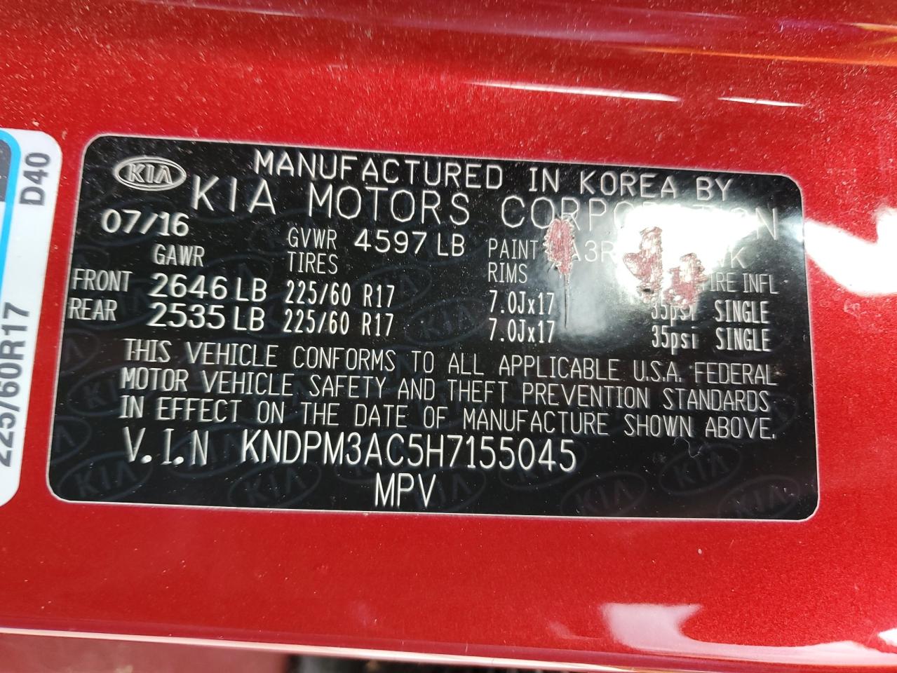 2017 Kia Sportage Lx VIN: KNDPM3AC5H7155045 Lot: 93120465