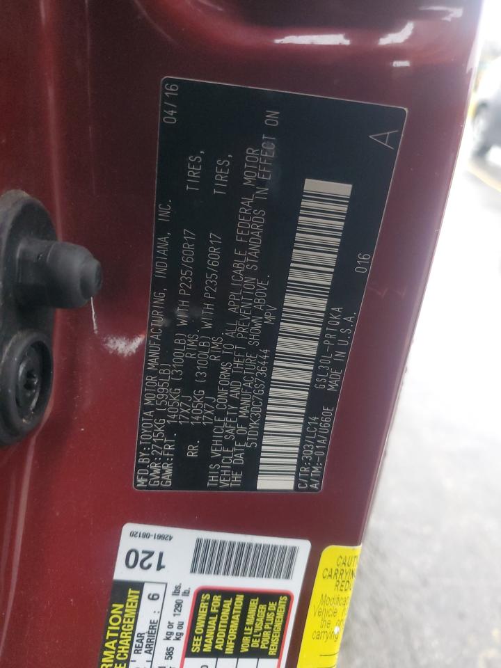 2016 Toyota Sienna Xle VIN: 5TDYK3DC7GS736444 Lot: 93679905