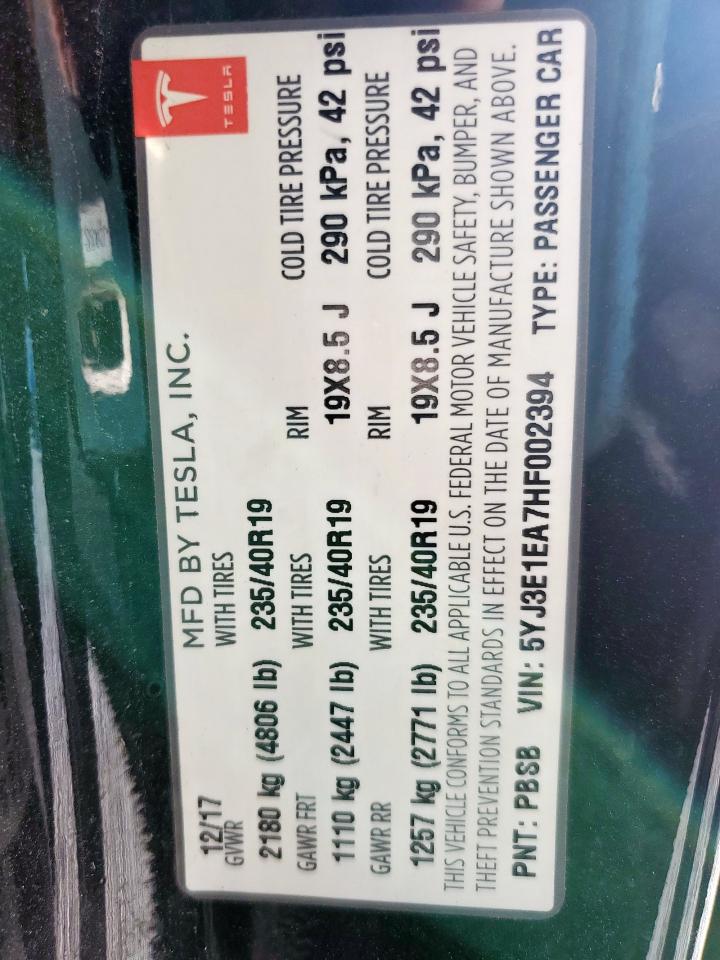 2017 Tesla Model 3 VIN: 5YJ3E1EA7HF002394 Lot: 90858595