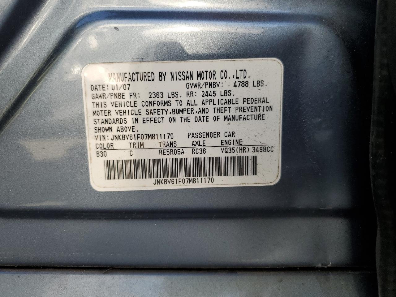 2007 Infiniti G35 VIN: JNKBV61F07M811170 Lot: 92481975