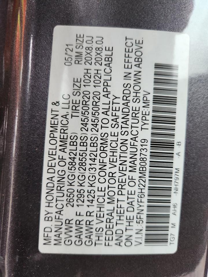 2021 Honda Pilot Se VIN: 5FNYF6H22MB087319 Lot: 92051465