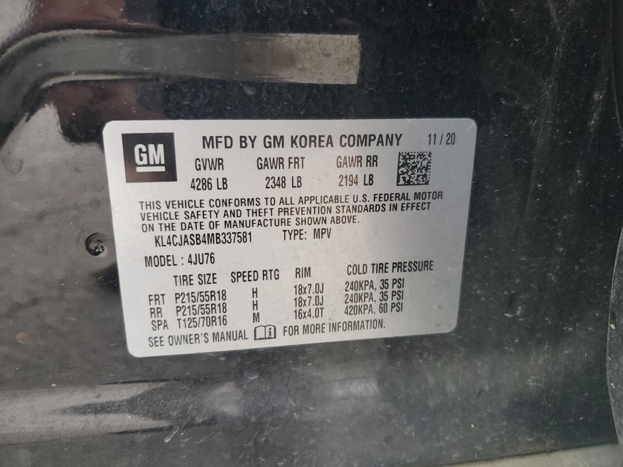 2021 Buick Encore Preferred VIN: KL4CJASB4MB337581 Lot: 91820025