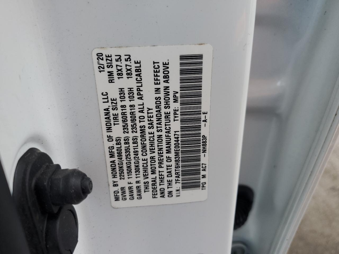 2021 Honda Cr-V Exl VIN: 7FART6H83ME004471 Lot: 92154075