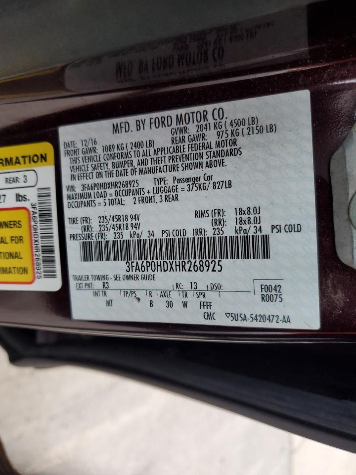 2017 Ford Fusion Se VIN: 3FA6P0HDXHR268925 Lot: 90470015