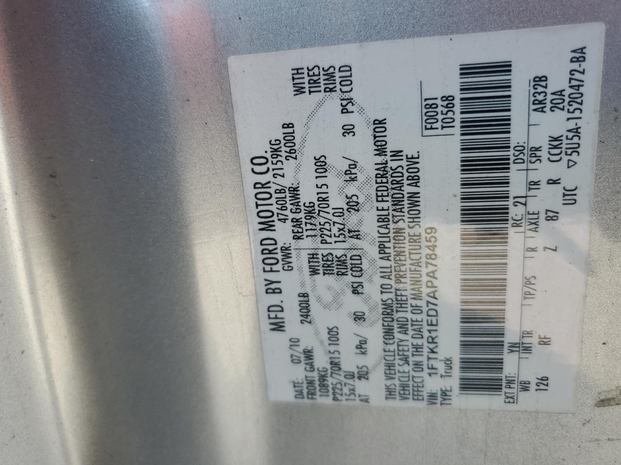 2010 Ford Ranger Super Cab VIN: 1FTKR1ED7APA78459 Lot: 93176555