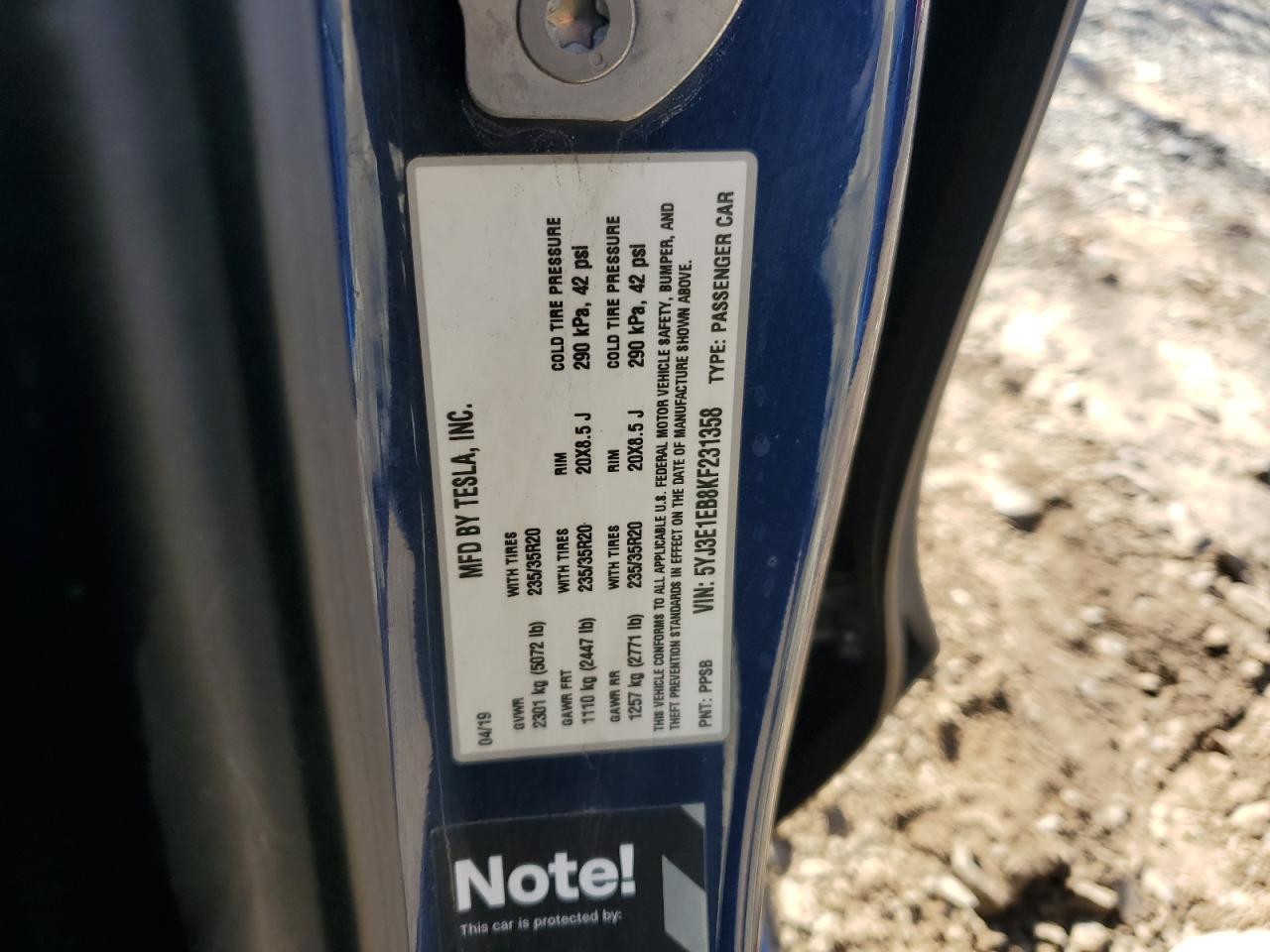 2019 Tesla Model 3 VIN: 5YJ3E1EB8KF231358 Lot: 91285845