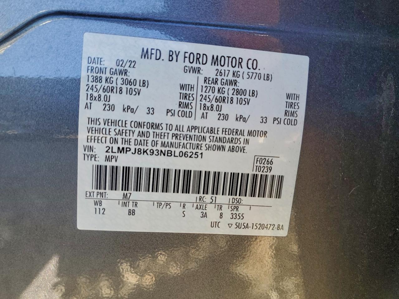 2022 Lincoln Nautilus Reserve VIN: 2LMPJ8K93NBL06251 Lot: 94024155