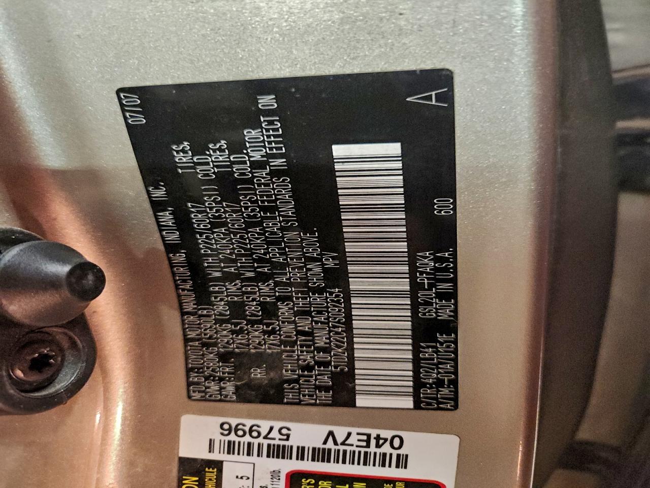 2007 Toyota Sienna Xle VIN: 5TDZK22C47S092354 Lot: 93101725