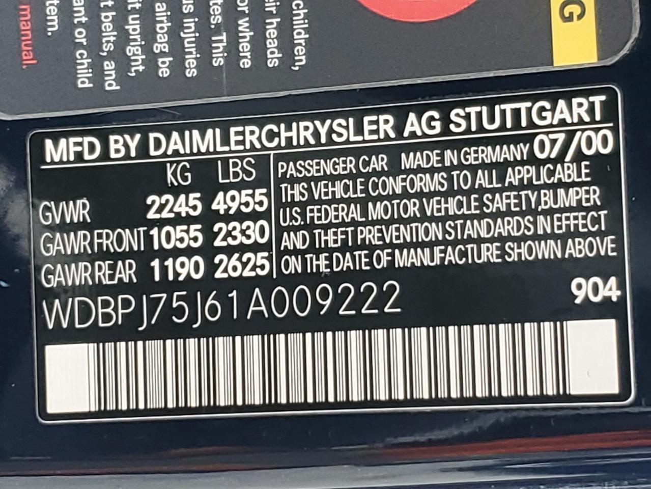 2001 Mercedes-Benz Cl 500 VIN: WDBPJ75J61A009222 Lot: 92596995