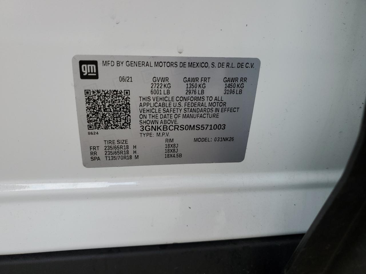 2021 Chevrolet Blazer 2Lt VIN: 3GNKBCRS0MS571003 Lot: 91935955