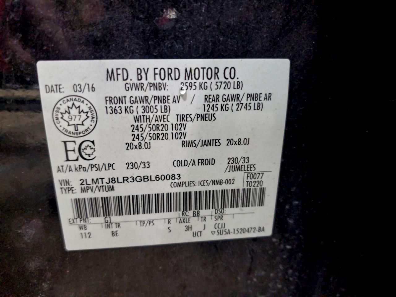 2016 Lincoln Mkx Reserve VIN: 2LMTJ8LR3GBL60083 Lot: 93265825