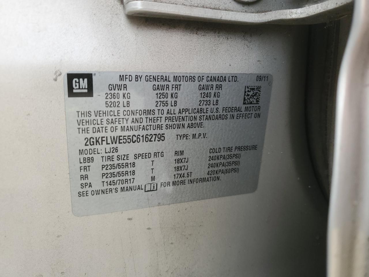 2012 GMC Terrain Slt VIN: 2GKFLWE55C6162795 Lot: 93033575