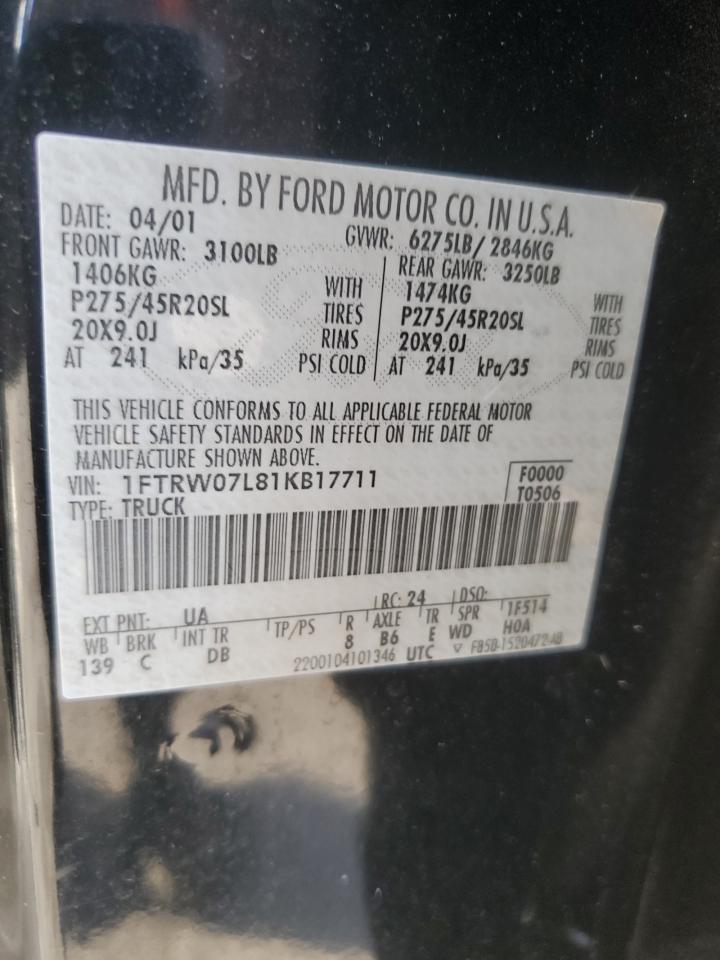 2001 Ford F150 Supercrew VIN: 1FTRW07L81KB17711 Lot: 90908965