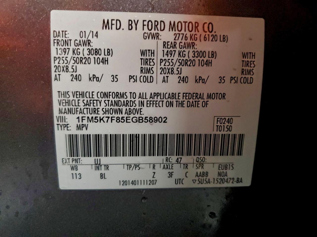 2014 Ford Explorer Limited VIN: 1FM5K7F85EGB58902 Lot: 93827345