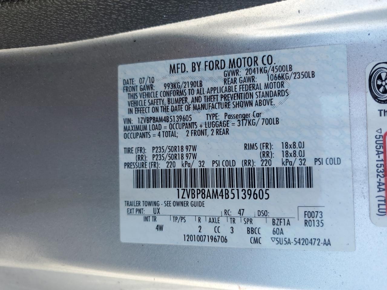 2011 Ford Mustang VIN: 1ZVBP8AM4B5139605 Lot: 93210495