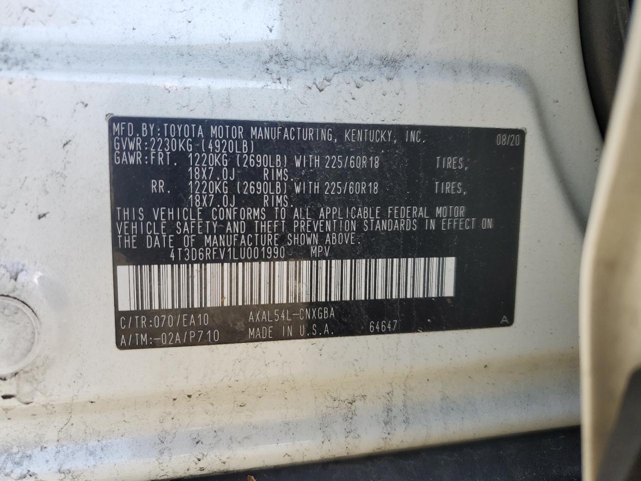 2020 Toyota Rav4 Limited VIN: 4T3D6RFV1LU001990 Lot: 91382605