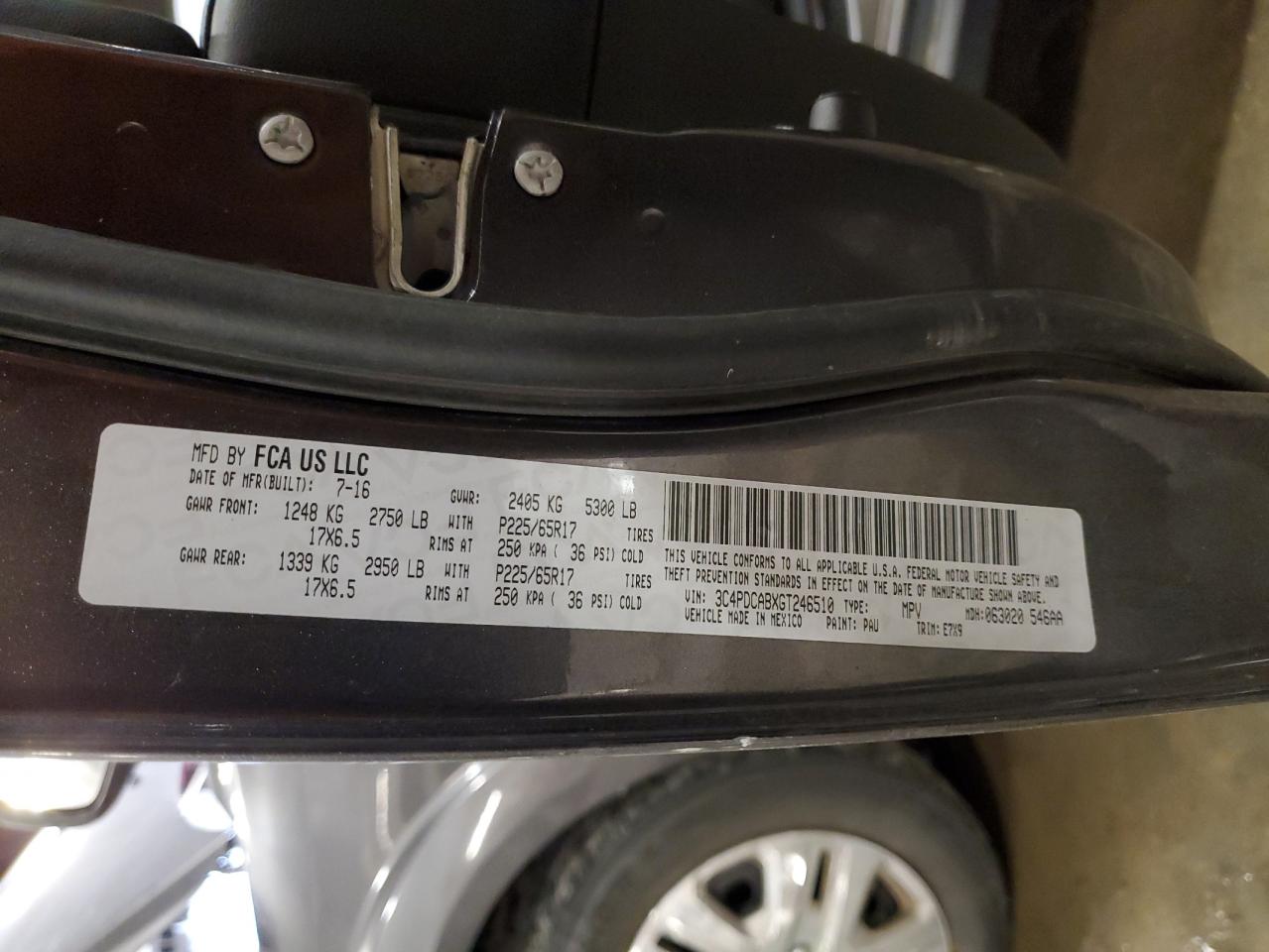 2016 Dodge Journey Se VIN: 3C4PDCABXGT246510 Lot: 93641315