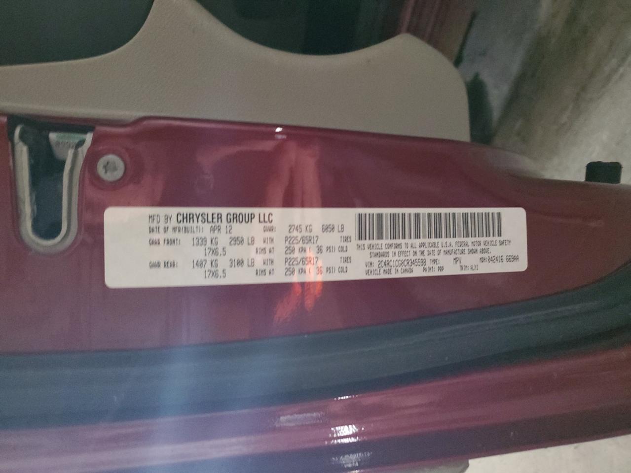 2012 Chrysler Town & Country Touring L VIN: 2C4RC1CG0CR345598 Lot: 91585285