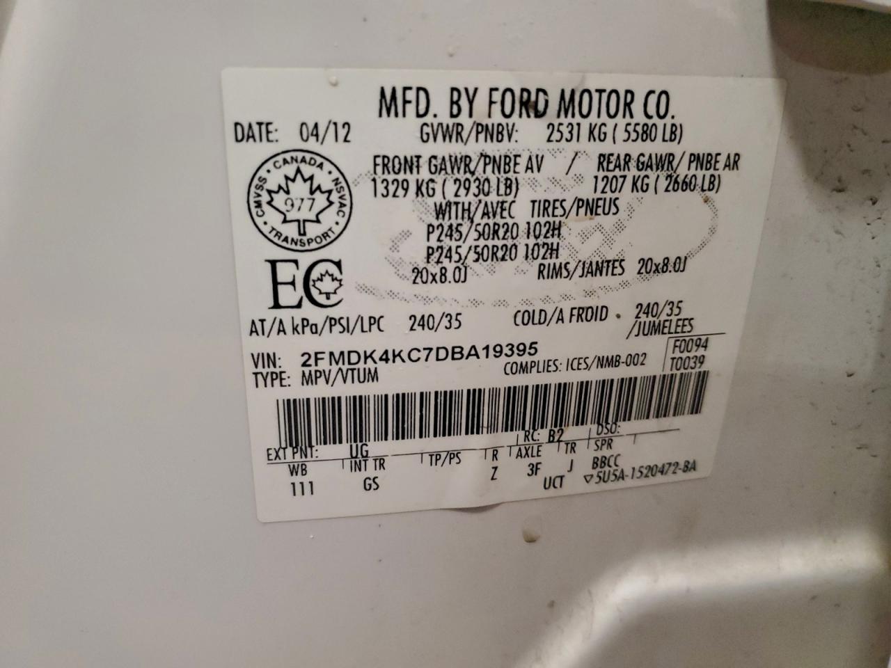 2013 Ford Edge Limited VIN: 2FMDK4KC7DBA19395 Lot: 93937215