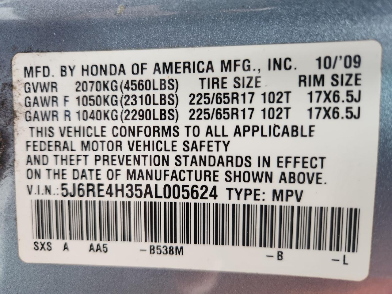 2010 Honda Cr-V Lx VIN: 5J6RE4H35AL005624 Lot: 93540685