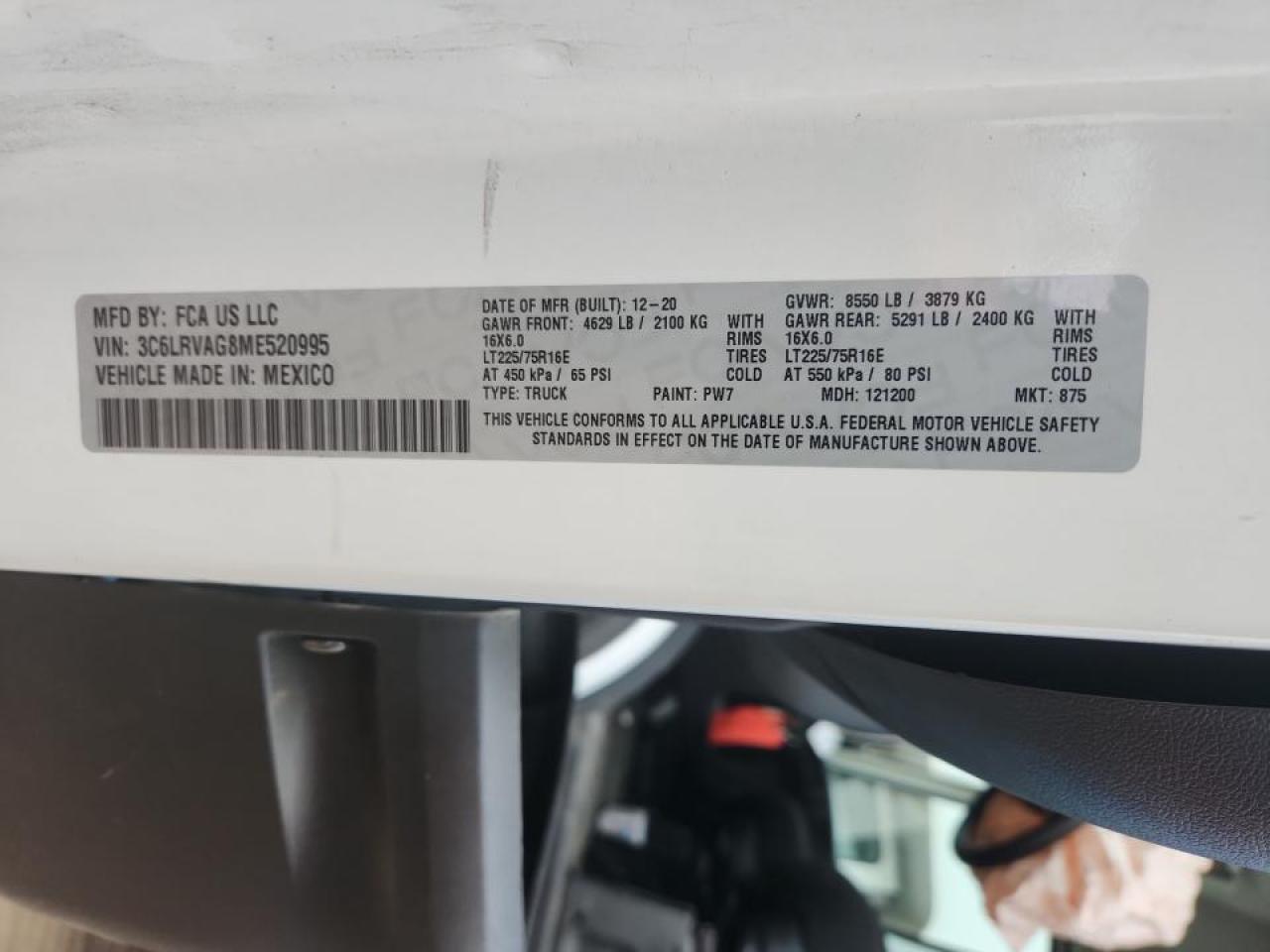 2021 Ram Promaster Utility / Service Van VIN: 3C6LRVAG8ME520995 Lot: 93450625