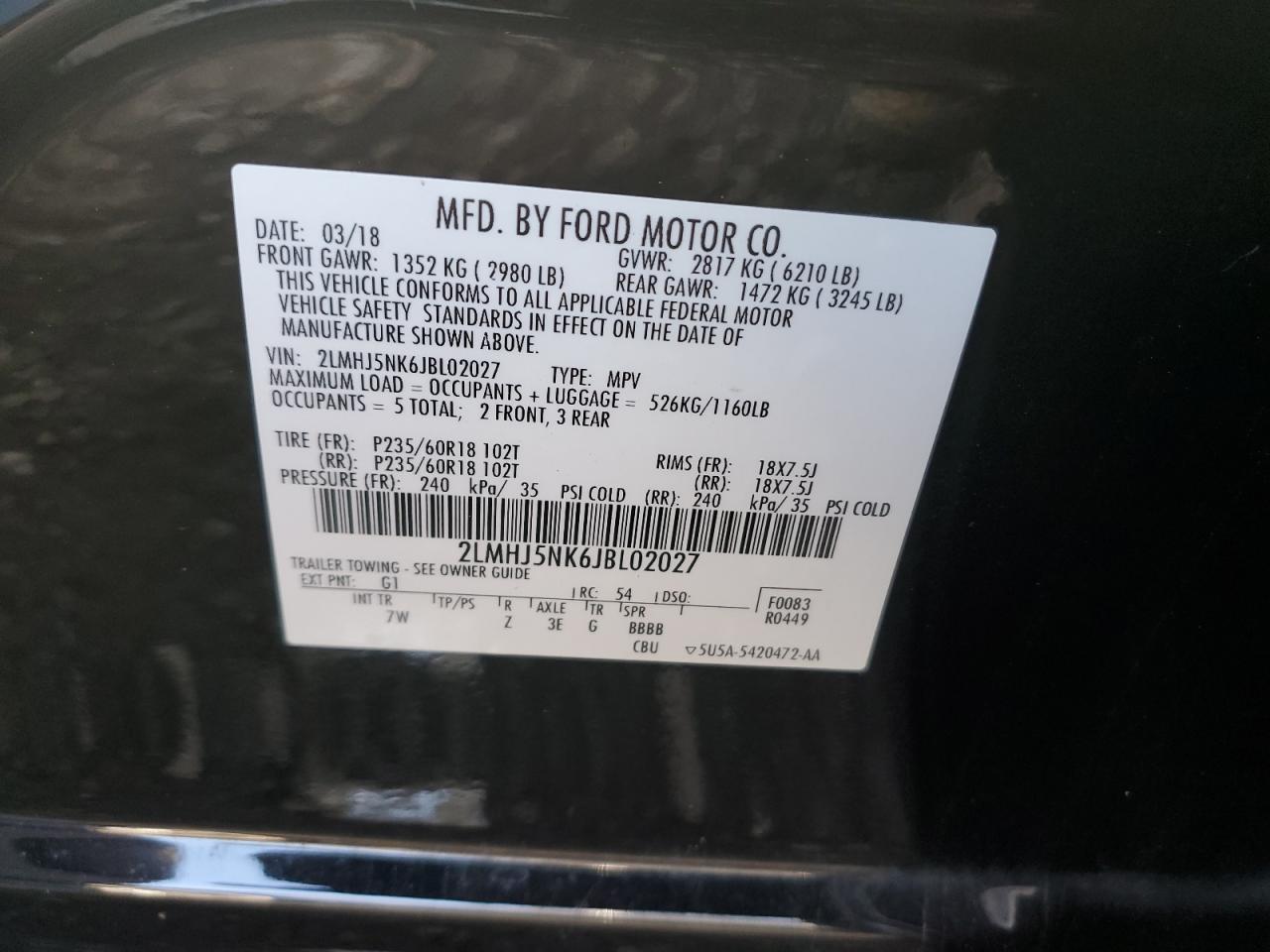 2018 Lincoln Mkt VIN: 2LMHJ5NK6JBL02027 Lot: 93274675