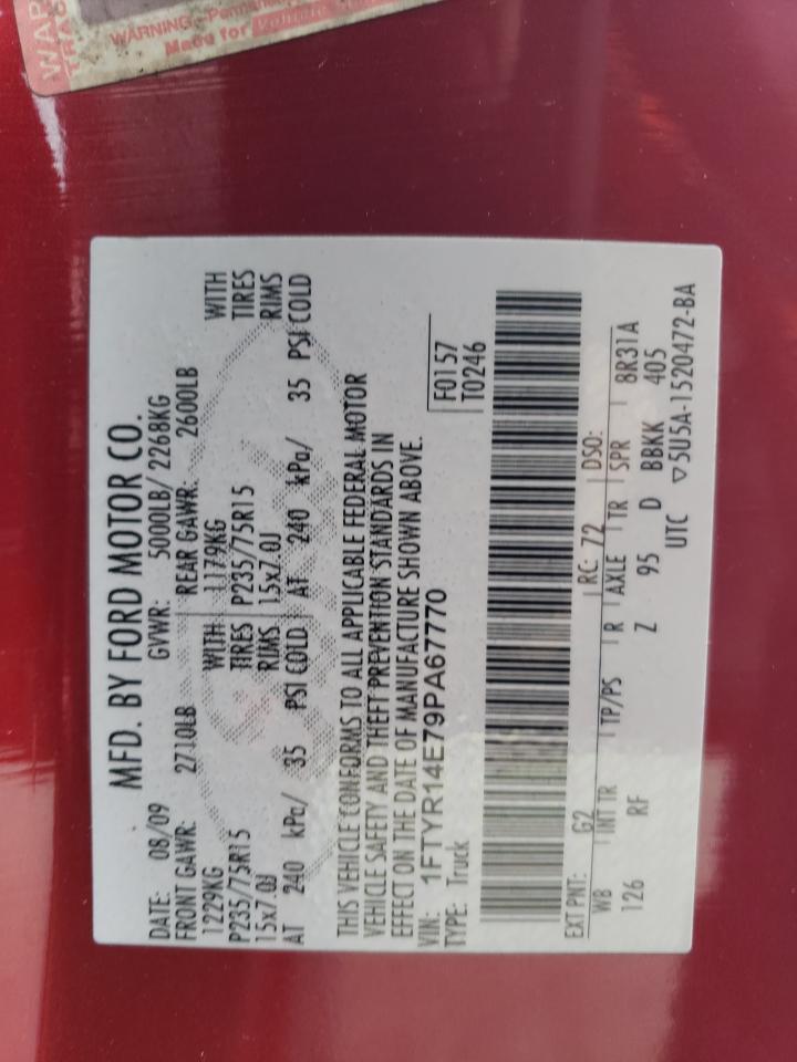 2009 Ford Ranger Super Cab VIN: 1FTYR14E79PA67770 Lot: 91549995