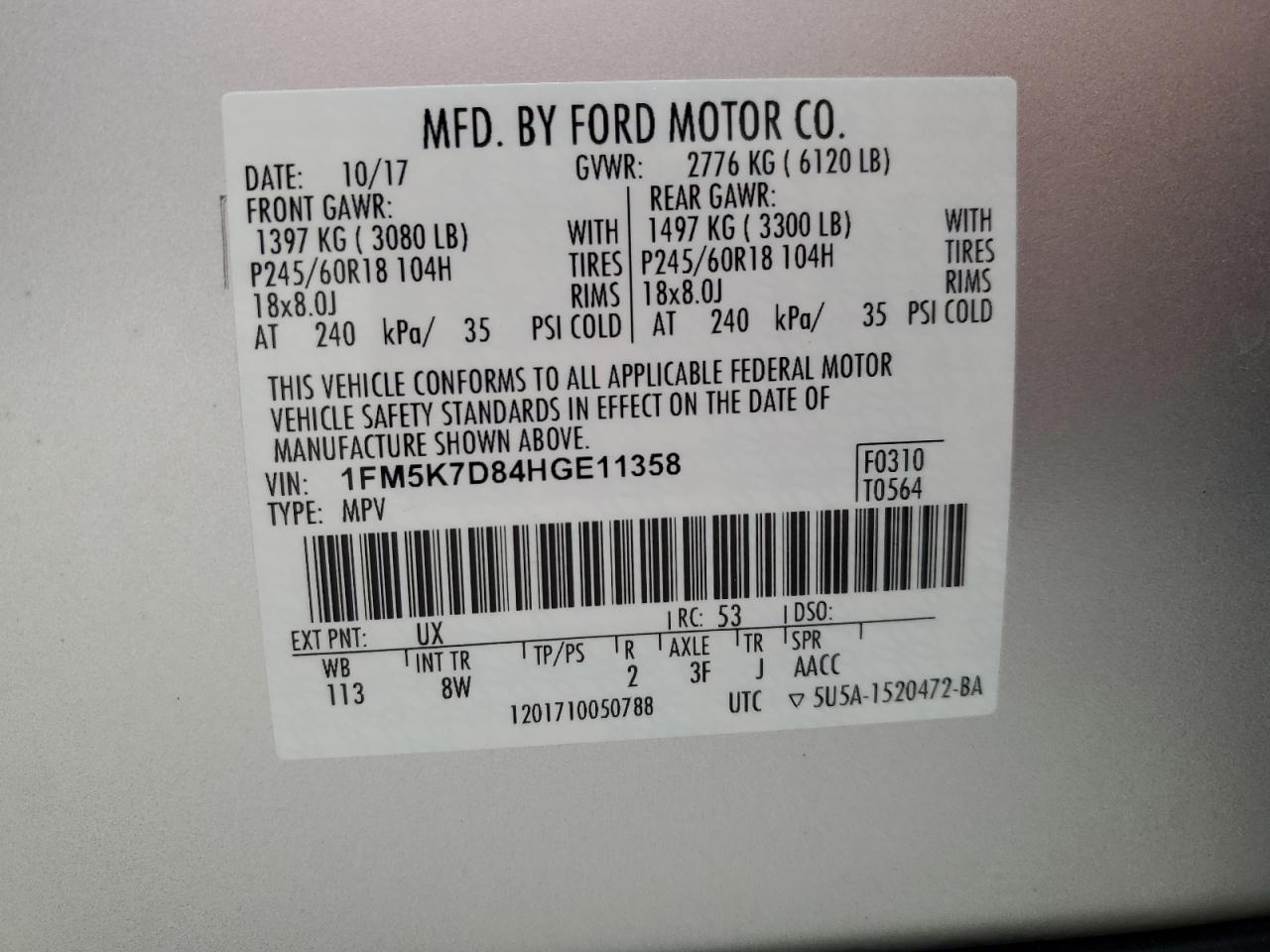 2017 Ford Explorer Xlt VIN: 1FM5K7D84HGE11358 Lot: 93185905