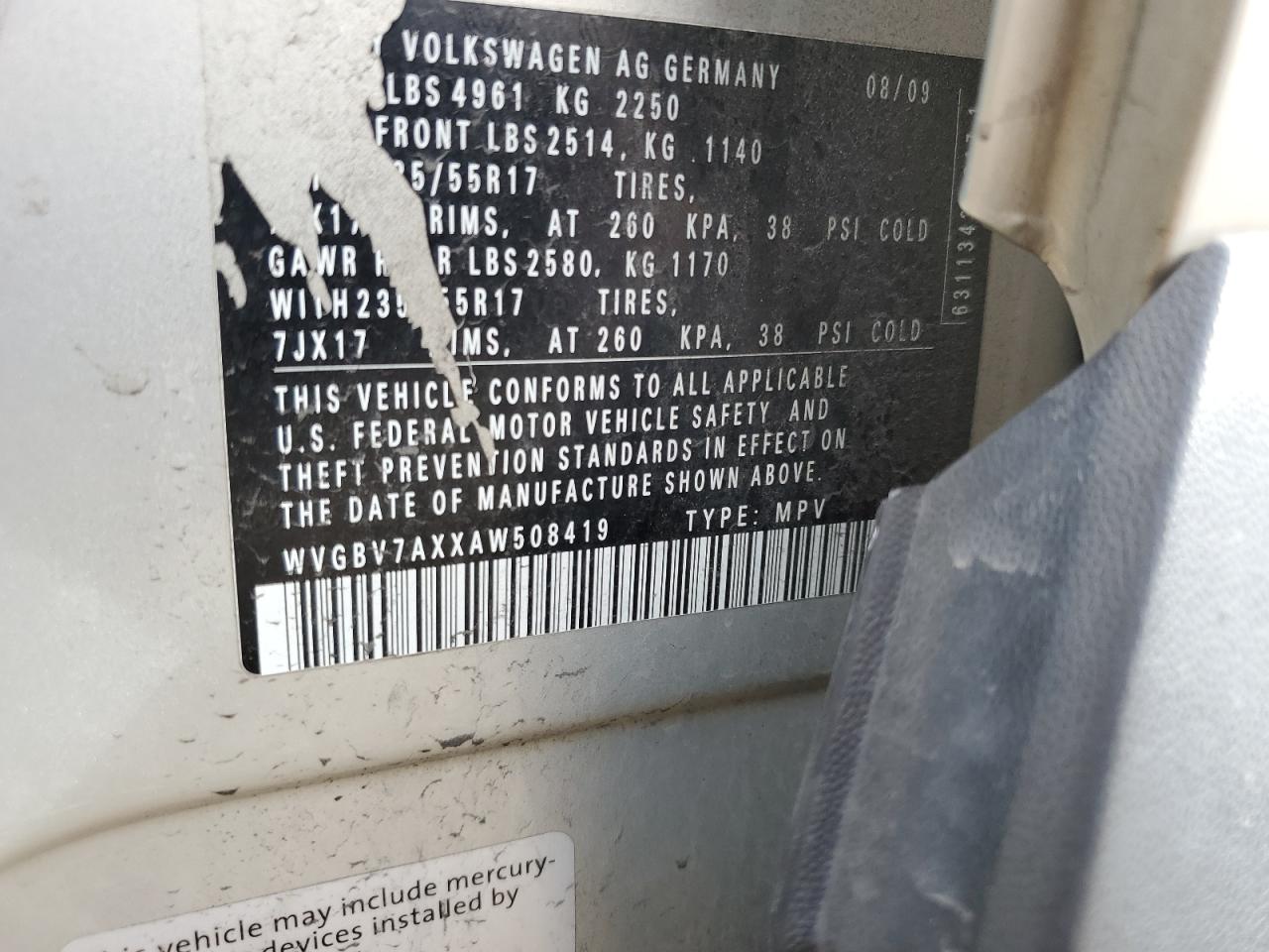 2010 Volkswagen Tiguan Se VIN: WVGBV7AXXAW508419 Lot: 92848495