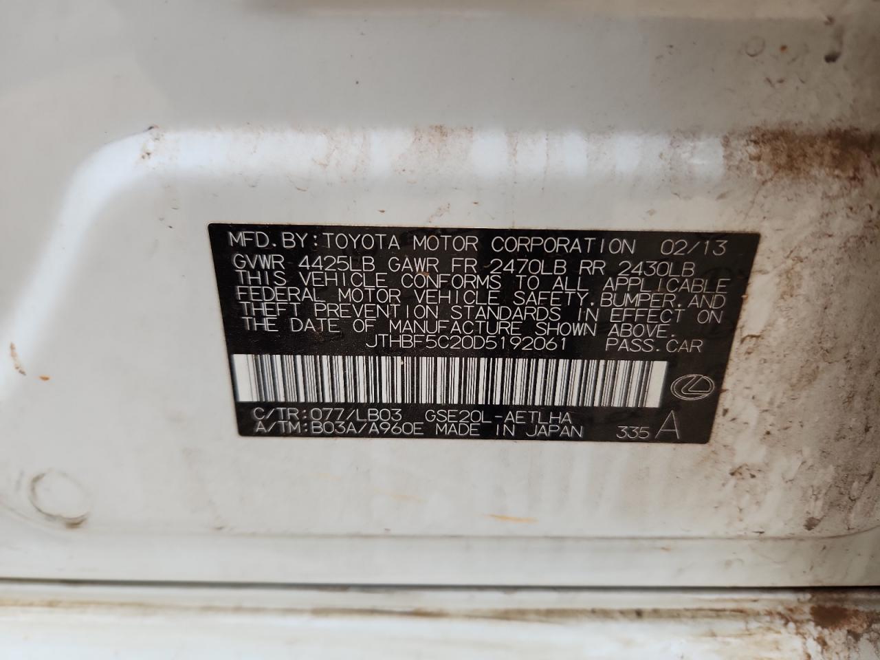 2013 Lexus Is 250 VIN: JTHBF5C20D5192061 Lot: 91123455