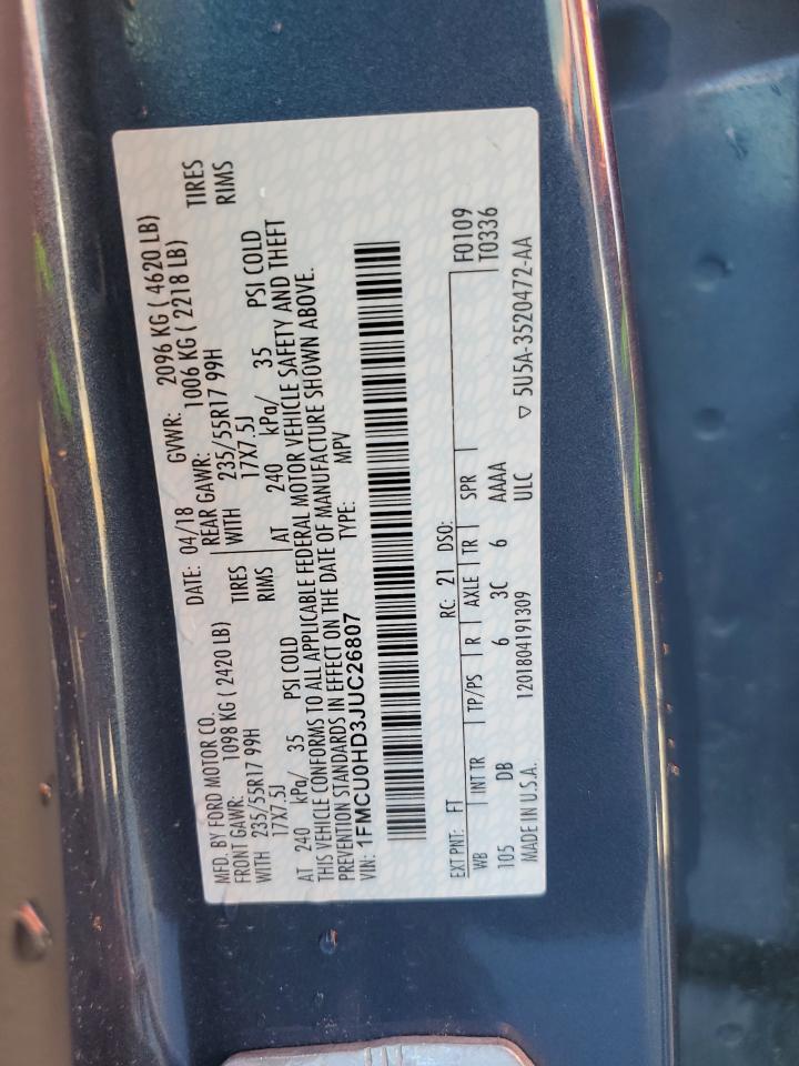 2018 Ford Escape Sel VIN: 1FMCU0HD3JUC26807 Lot: 91713935