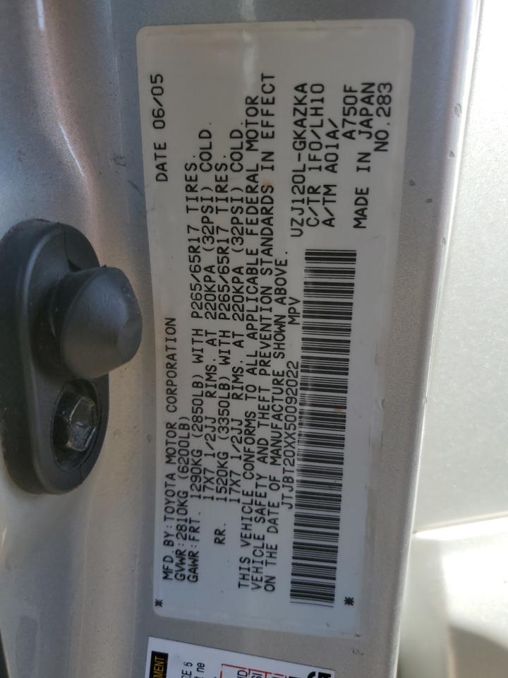 2005 Lexus Gx 470 VIN: JTJBT20XX50092022 Lot: 92939965