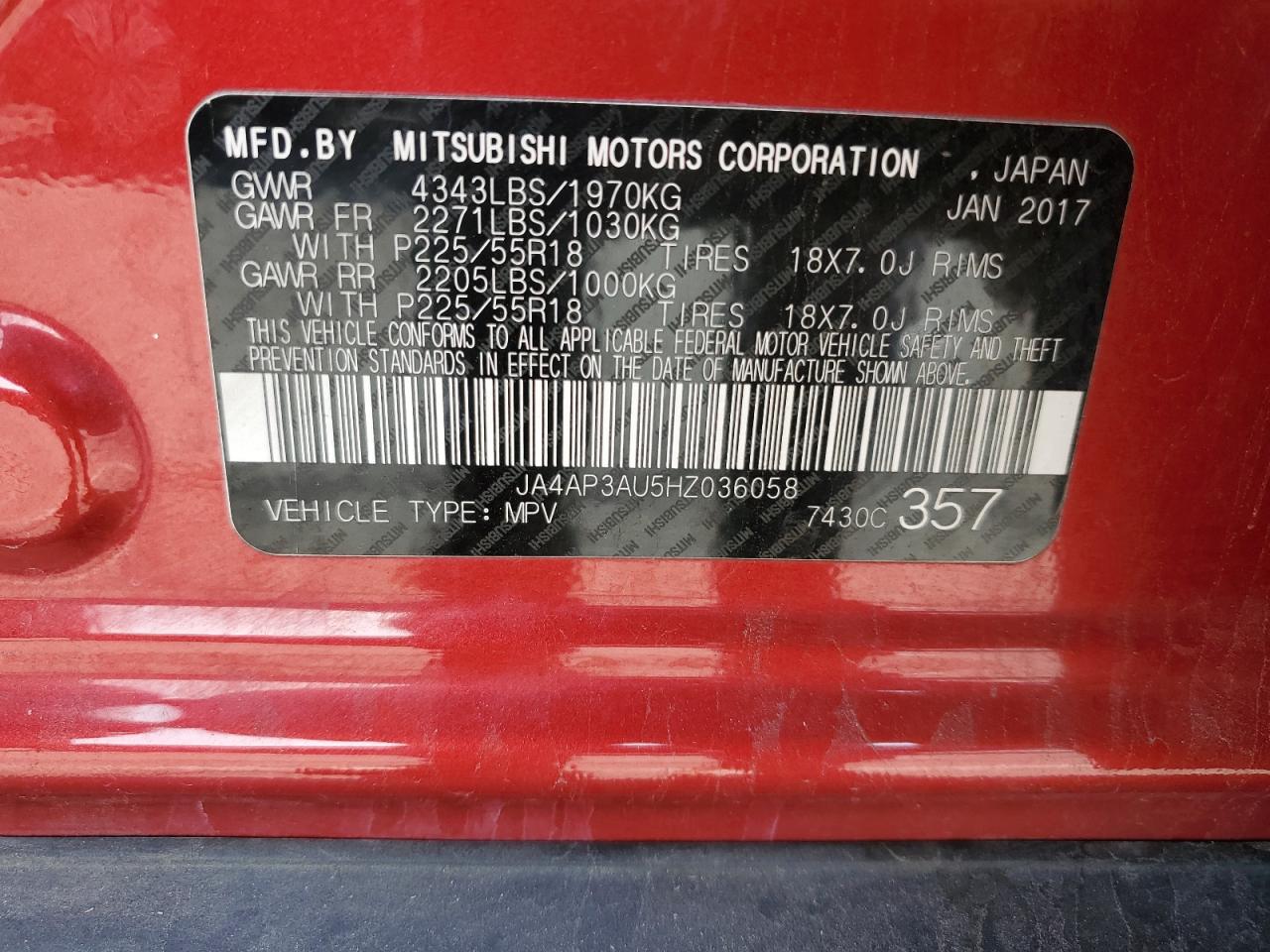 2017 Mitsubishi Outlander Sport Es VIN: JA4AP3AU5HZ036058 Lot: 91300185