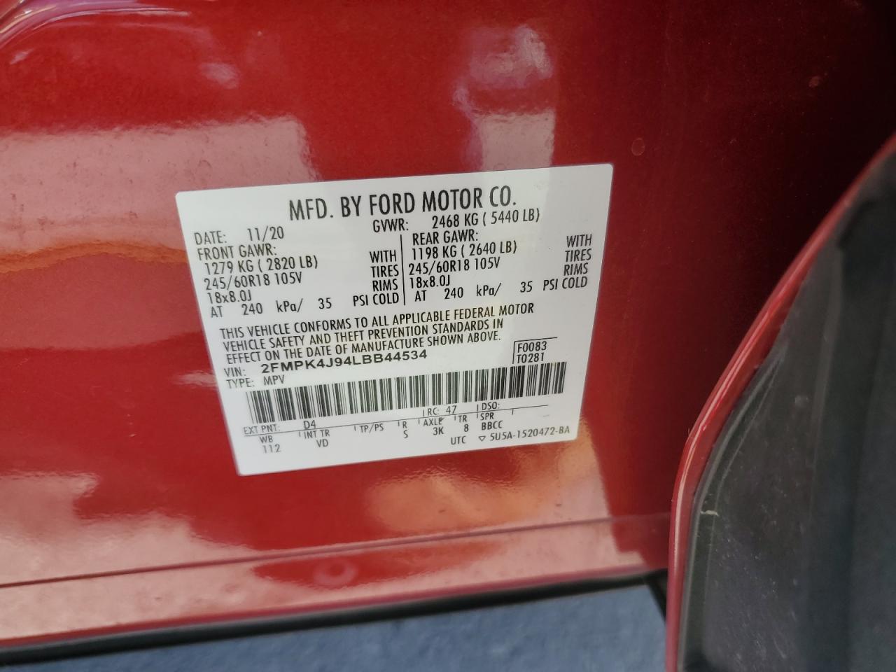 2020 Ford Edge Sel VIN: 2FMPK4J94LBB44534 Lot: 92742185