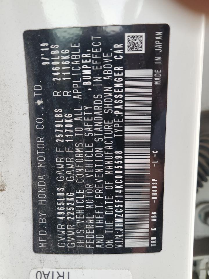 2019 Honda Clarity VIN: JHMZC5F14KC005598 Lot: 93774555