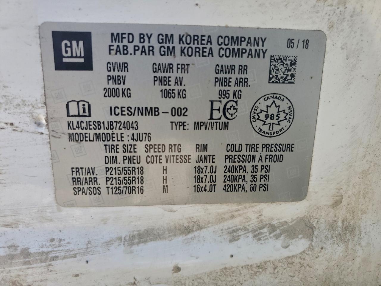 2018 Buick Encore Preferred VIN: KL4CJESB1JB724043 Lot: 94608225