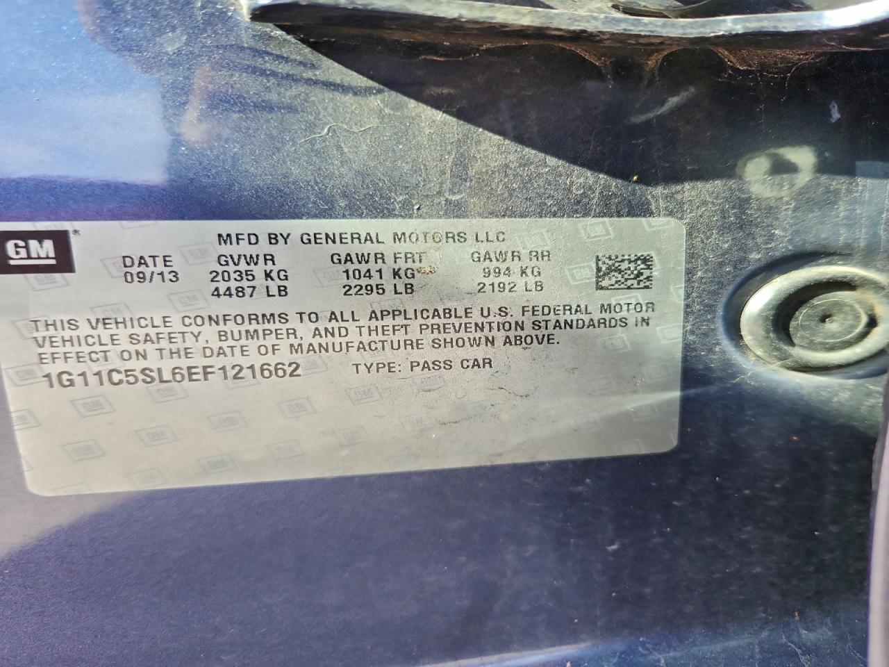 2014 Chevrolet Malibu 1Lt VIN: 1G11C5SL6EF121662 Lot: 94527355