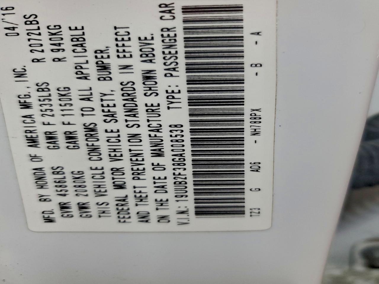 2016 Acura Tlx VIN: 008538 Lot: 94813045