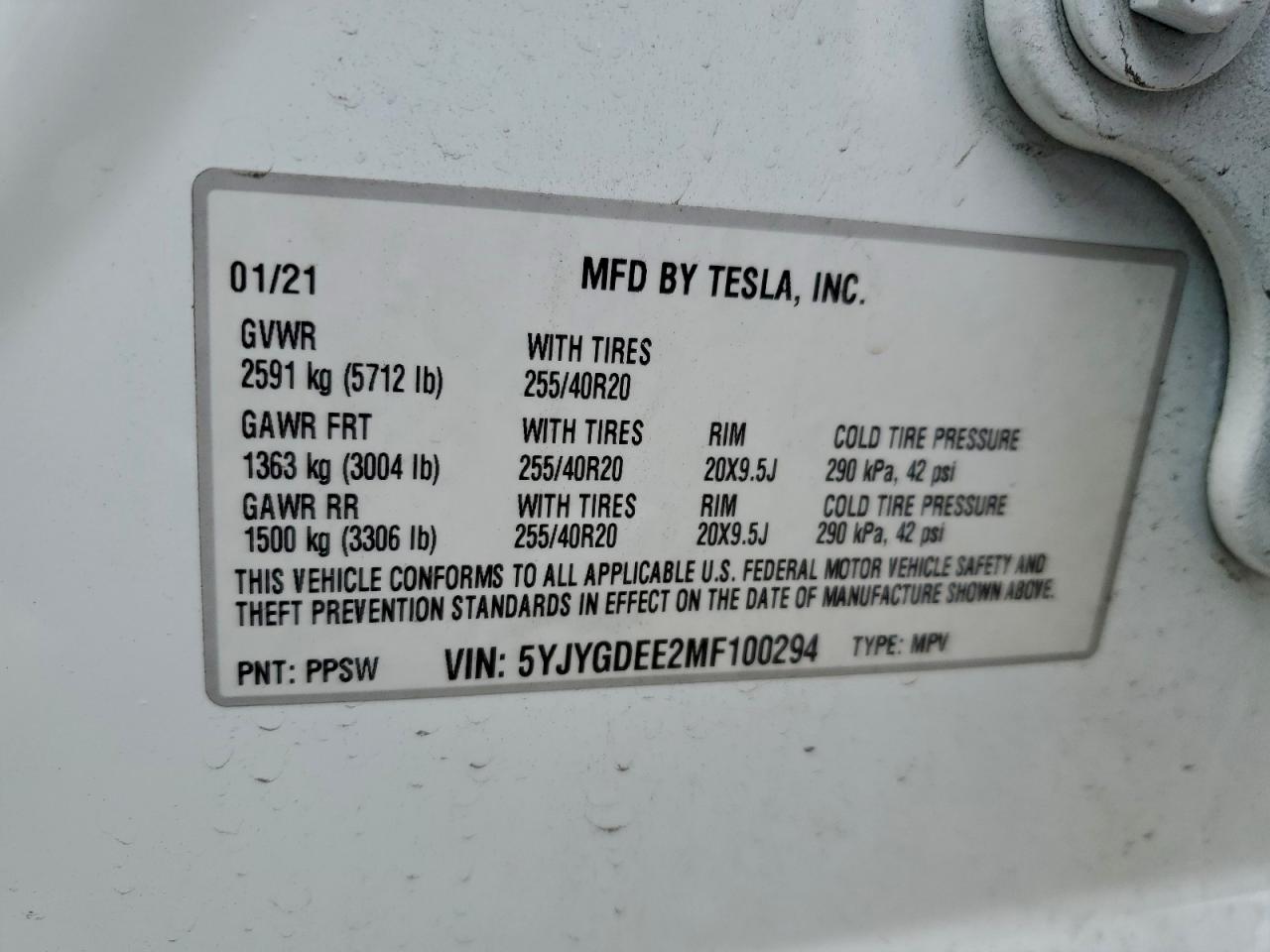 2021 Tesla Model Y VIN: 5YJYGDEE2MF100294 Lot: 94195015