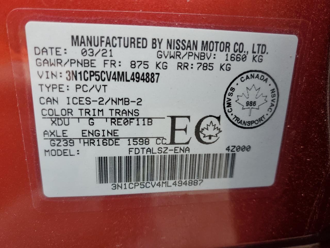 2021 Nissan Kicks Sv VIN: 3N1CP5CV4ML494887 Lot: 92992535