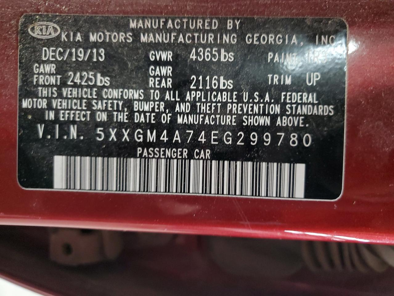 2014 Kia Optima Lx VIN: 5XXGM4A74EG299780 Lot: 91142775