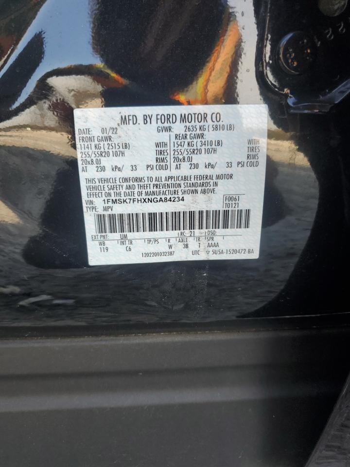 2022 Ford Explorer Limited VIN: 1FMSK7FHXNGA84234 Lot: 92463445