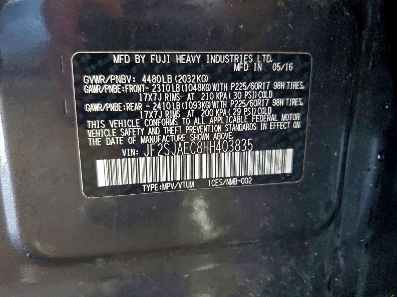 2017 Subaru Forester 2.5I Premium VIN: JF2SJAEC8HH403835 Lot: 93208755