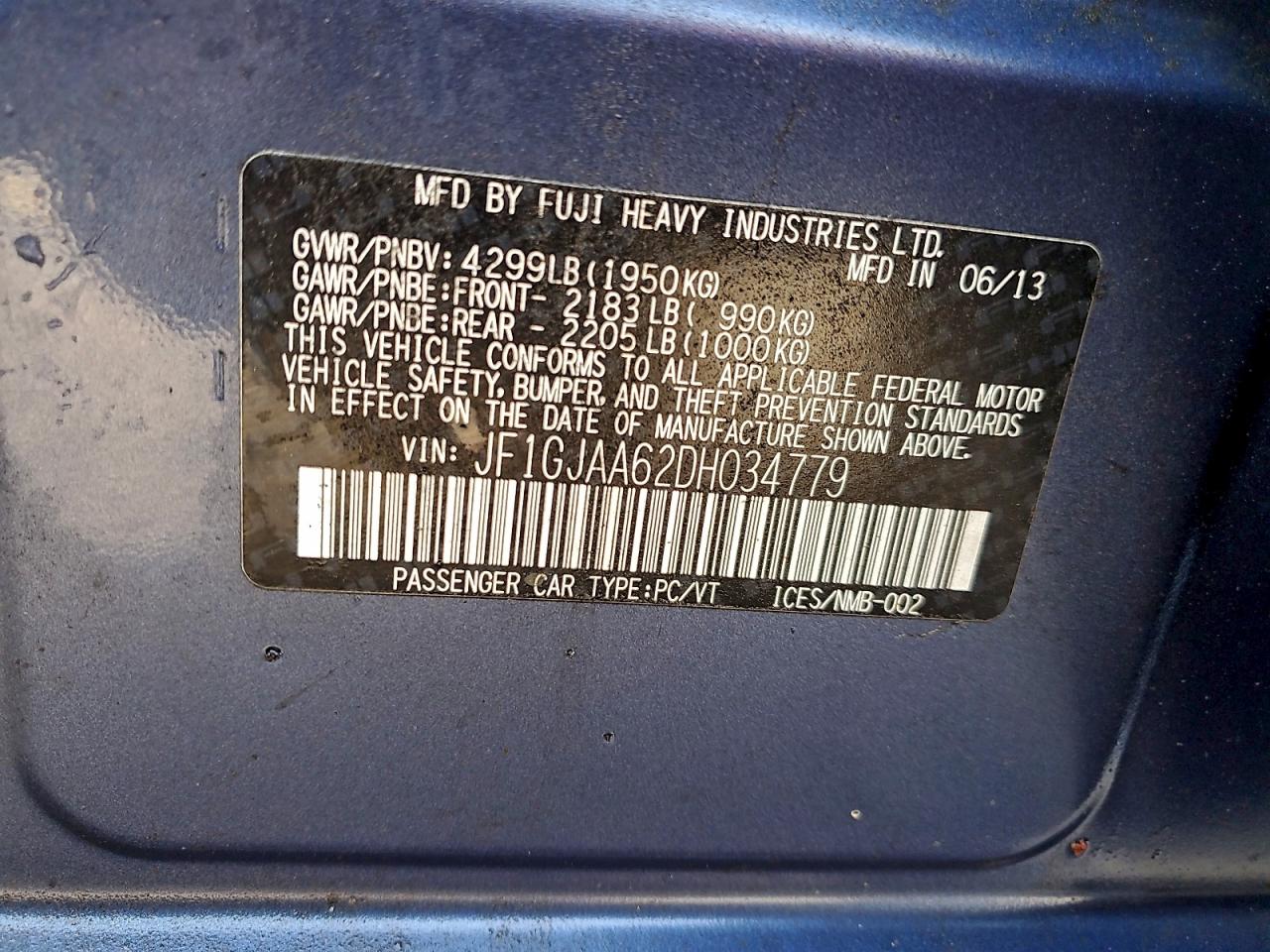 2013 Subaru Impreza VIN: JF1GJAA62DH034779 Lot: 92384155