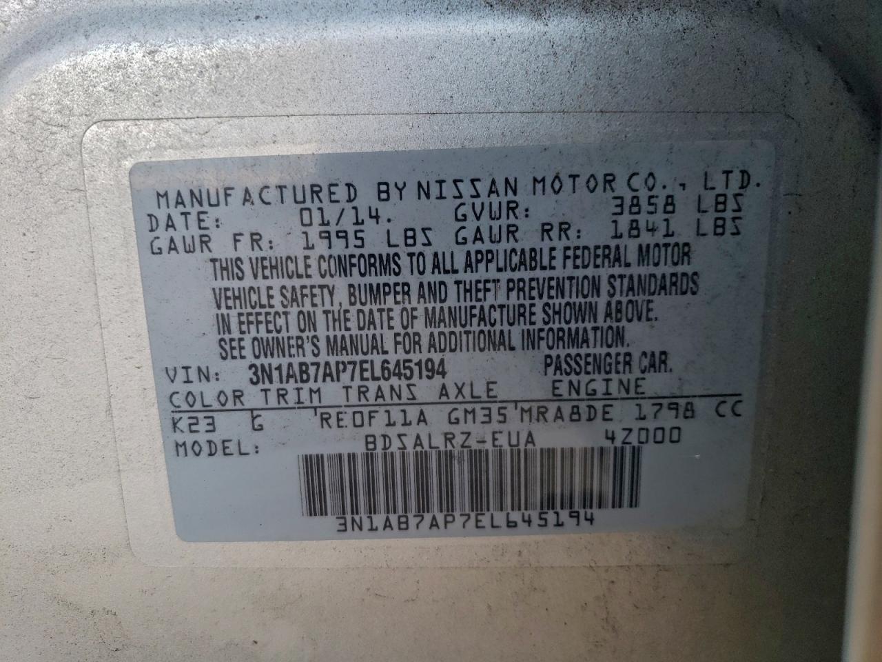 2014 Nissan Sentra S VIN: 3N1AB7AP7EL645194 Lot: 94773005